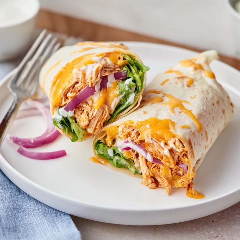 A close-up view of a Buffalo Ranch Chicken Wrap filled with juicy buffalo chicken, creamy ranch, and vibrant red onion on a rustic wooden board.