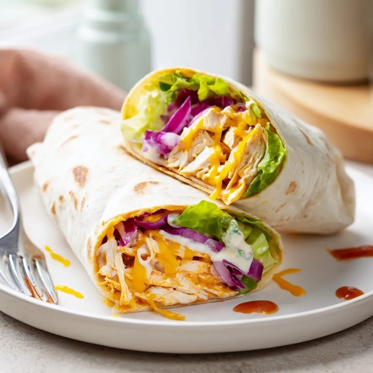 A freshly made Buffalo Ranch Chicken Wrap drizzled with extra ranch and buffalo sauce, served alongside celery sticks for a classic American meal.