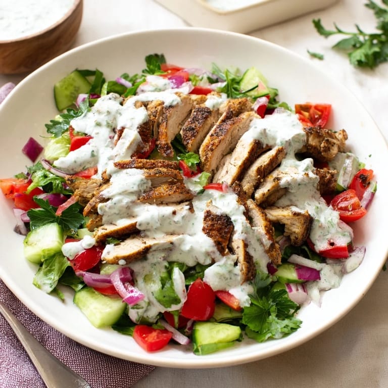 Colorful Chicken Shawarma Salad on a white plate, featuring tender sliced chicken, crisp veggies, and herbs beside a small dressing bowl.  