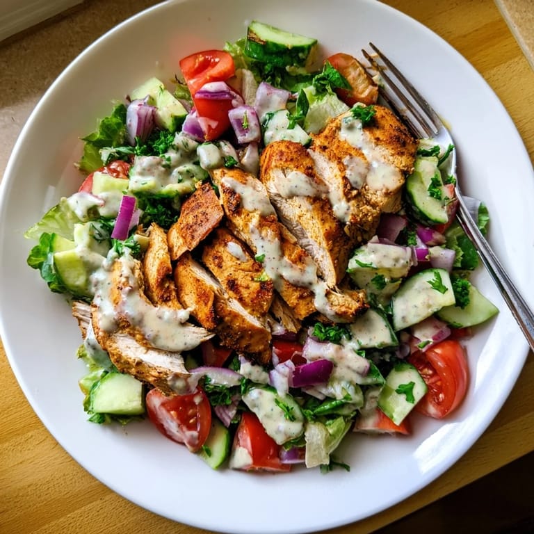 Savory Chicken Shawarma Salad presented as a hearty main dish, topped with charred chicken slices and tangy yogurt sauce for dinner.