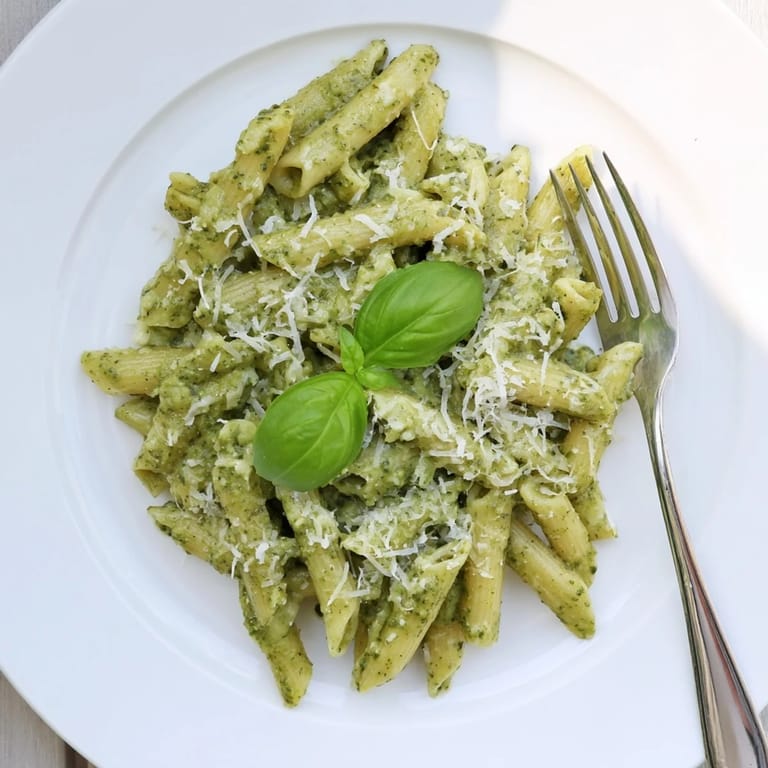 Creamy sunflower seed pesto pasta with a spoon, ready to serve, featuring golden toasted seeds and a bright, fresh basil aroma.