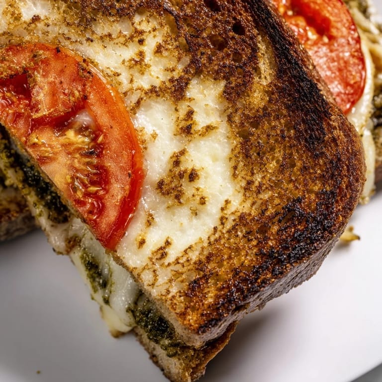 Slow-roasted tomato and basil pesto grilled cheese, featuring crispy sourdough bread with gooey melted mozzarella and cheddar, ready to be served for lunch.