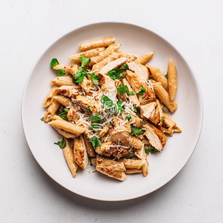 A close-up view of Honey Chipotle Chicken Pasta with tender penne noodles, savory chicken pieces, and a drizzle of honey-lime sauce.