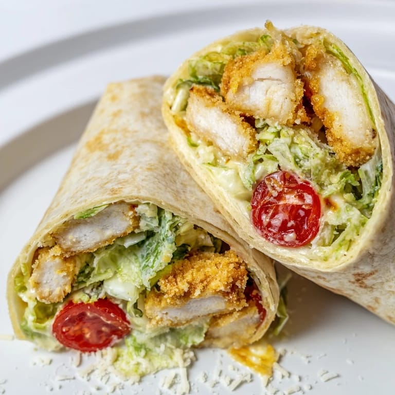 A close-up of a sliced Hot Honey Chicken Caesar Wrap, revealing layers of crunchy croutons, cherry tomatoes, and parmesan cheese.