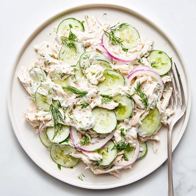 A bowl of chilled Creamy Cucumber Chicken Salad garnished with fresh dill, ready for a light summer lunch.