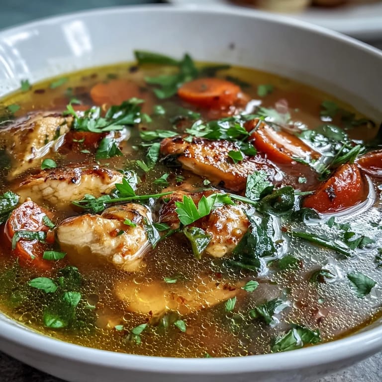 Steam rises from a spoonful of Turmeric Chicken Soup, highlighting its bright yellow broth and herbs.