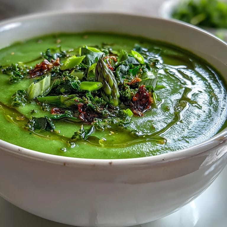 Blended Big Green Immunity-Boosting Vegetable Soup served warm with a slice of crusty whole-grain bread for dipping.  