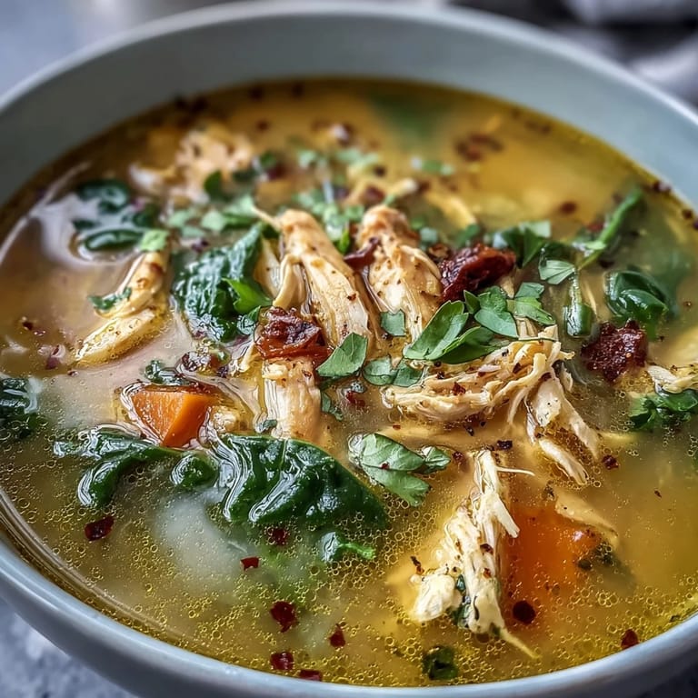 Close-up on a ladle pouring High Protein Lemon and Turmeric Chicken Soup into a rustic serving bowl.