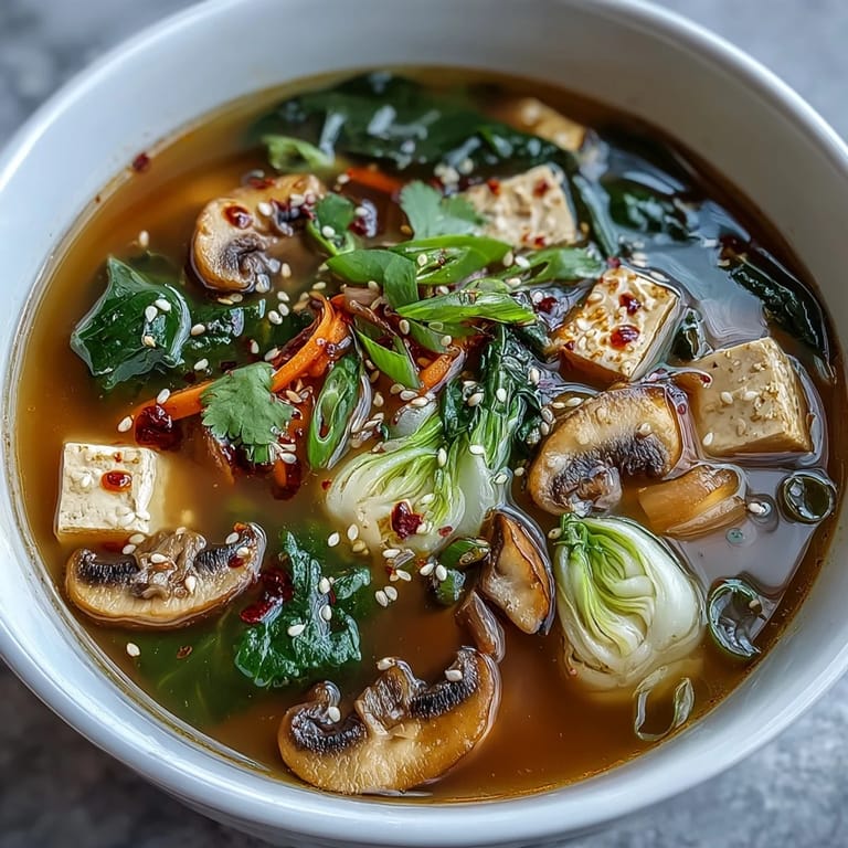 Garnished with toasted sesame seeds and scallions, this nourishing Japanese-inspired soup is served in a rustic ceramic bowl.  