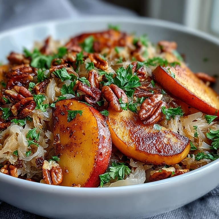 A close-up of the Warm Apple and Sauerkraut Skillet Salad, highlighting caramelized apple slices and tangy sauerkraut for a savory side dish.