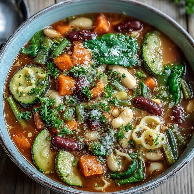 Serving bowl of vibrant Minestrone Soup, paired with crusty bread and a sprinkle of Parmesan cheese.