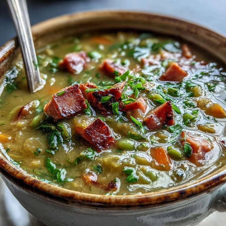 A comforting pot of homemade Split Pea and Ham Soup ready to be ladled into rustic bowls.