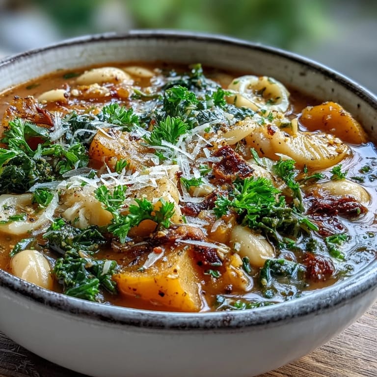 Hearty Italian Winter Minestrone Soup With Butternut Squash and Kale, served steamy with crusty bread for dipping.  