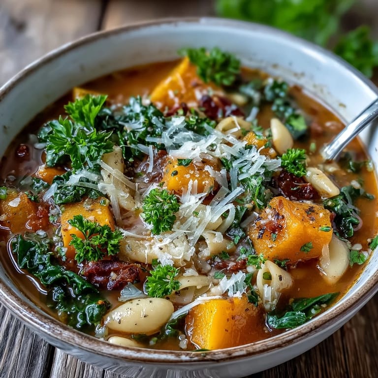 Homemade Winter Minestrone Soup With Butternut Squash and Kale, garnished with fresh parsley and optional Parmesan cheese.