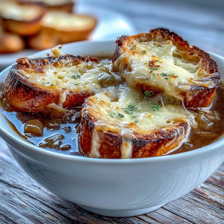 A steaming bowl of Dutch Oven French Onion Soup is garnished with fresh thyme, served with a crisp green salad on the side.