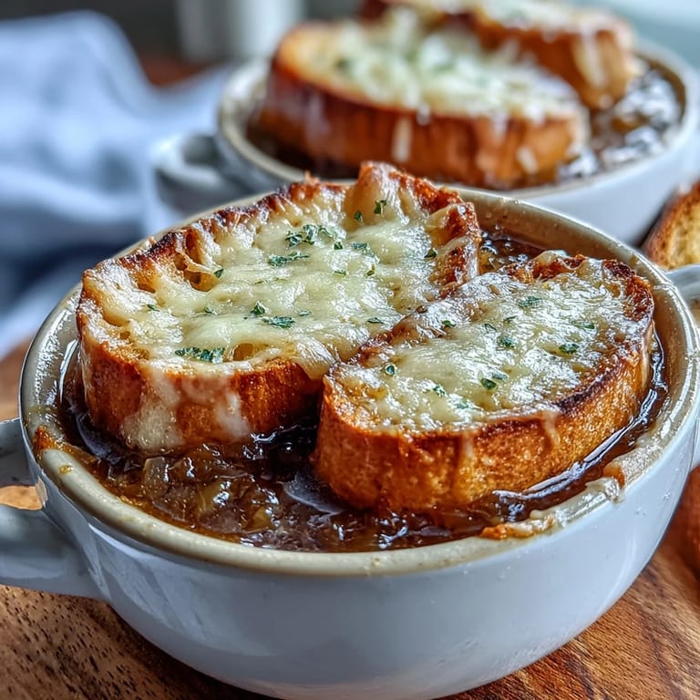 A toasted baguette slice floats on top, covered in bubbly, melted Gruyère cheese for this classic Dutch Oven French Onion Soup.