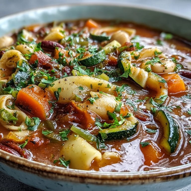 Comforting Minestrone Soup served in a rustic bowl, garnished with parsley and a ladle ready for serving.