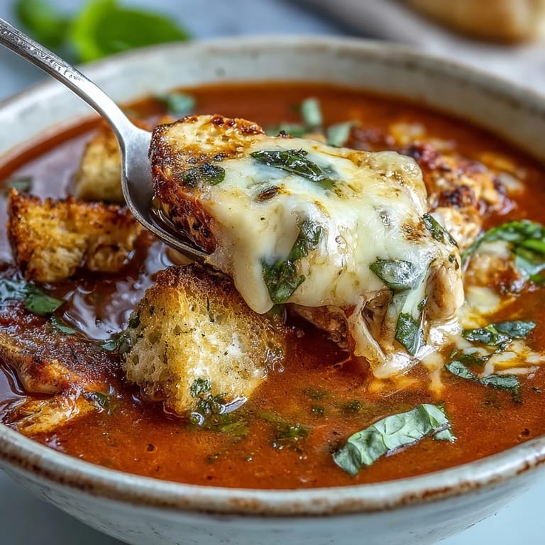 Grilled Chicken Parmesan Soup served hot with a side salad and crusty bread for dipping.  