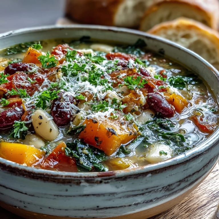 Steaming Winter Minestrone Soup in a rustic bowl, topped with fresh parsley and Parmesan cheese.