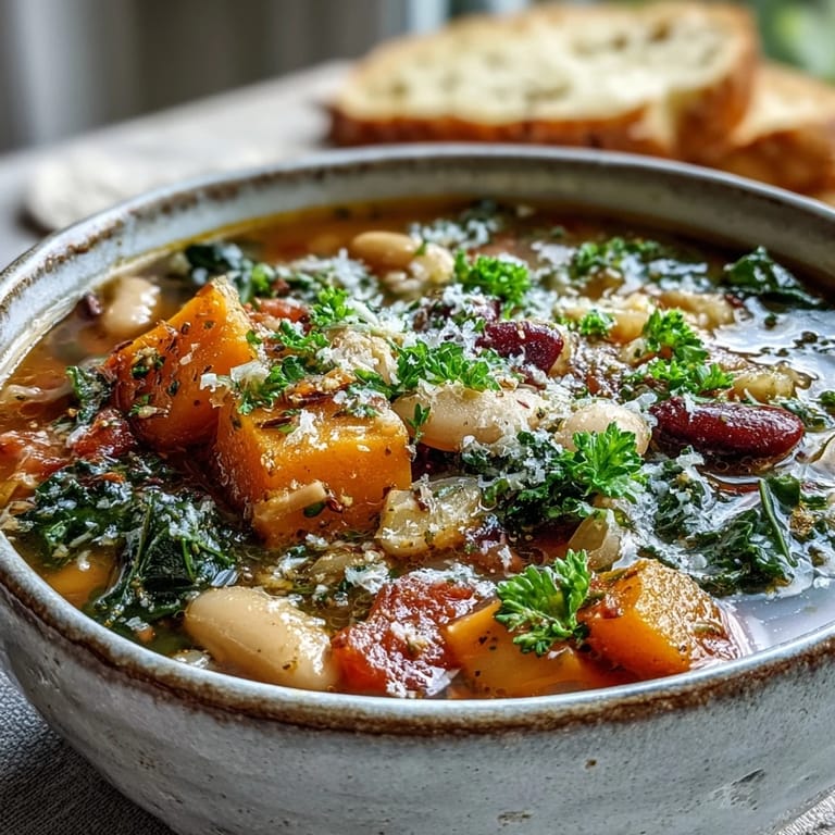 Close-up of Winter Minestrone Soup showcasing colorful vegetables, beans, and pasta in a rich broth.