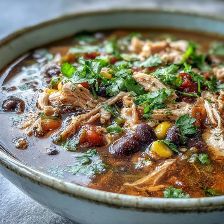 This hearty Southwestern Turkey Soup is garnished with fresh cilantro and avocado, perfect for a cozy family dinner.