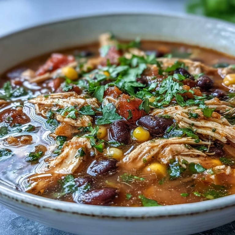 Close-up of vibrant Southwestern Turkey Soup with tomatoes, green chiles, and shredded turkey, served with a lime wedge.