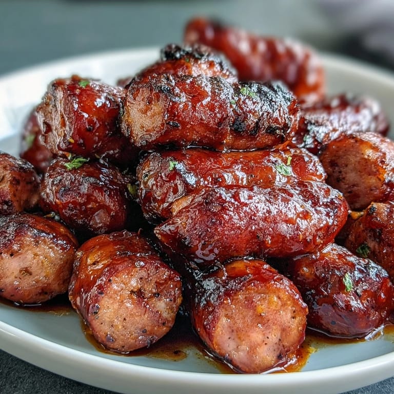 Hearty Crock Pot BBQ Cocktail Sausage glaze coated, bubbling low and slow, piled high on a platter for easy party snacking.