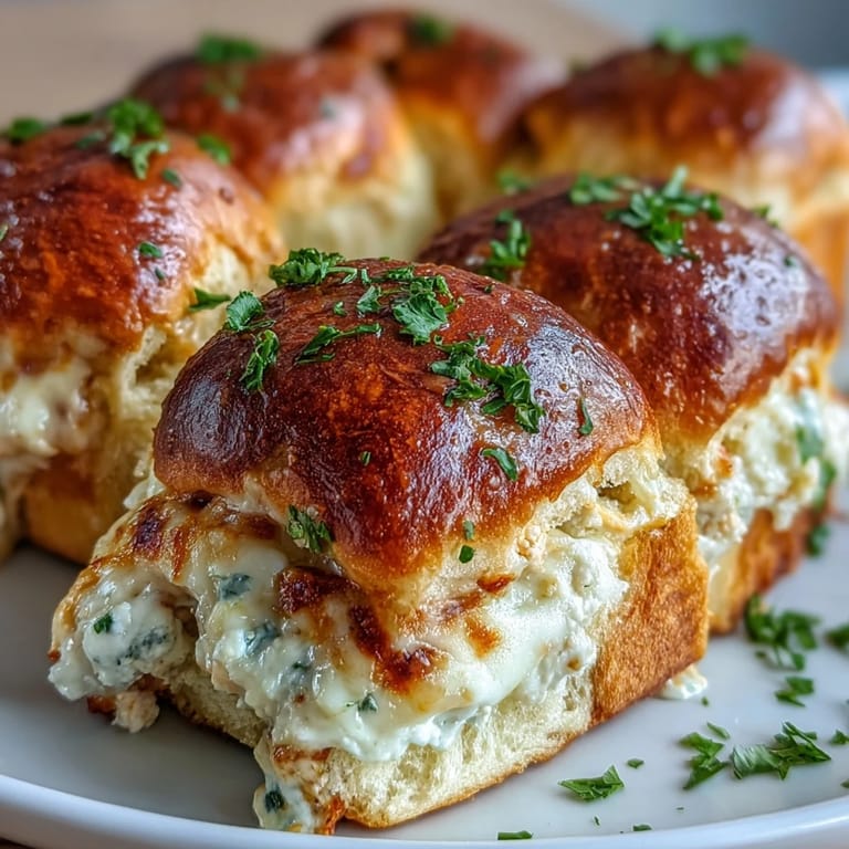 Twelve soft slider buns stuffed with bubbly Pizza Dip Sliders, drizzled with ranch and fresh parsley.