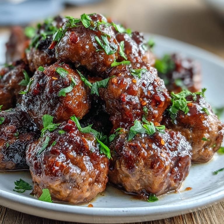 Tender Slow Cooker Peach Glazed Meatballs simmered in sweet and tangy sauce, ideal for a party appetizer.