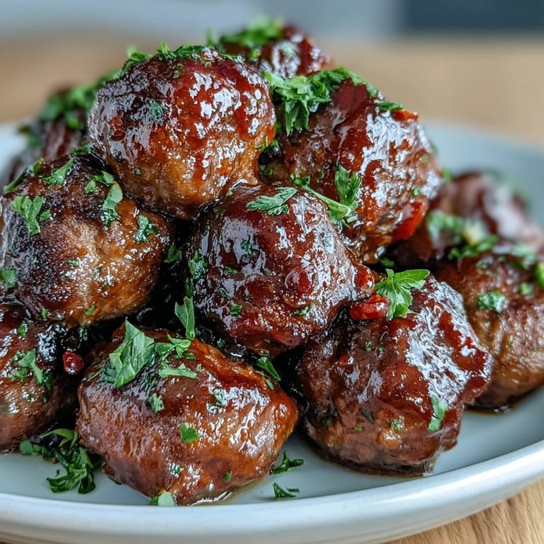Golden brown Slow Cooker Peach Glazed Meatballs topped with fresh parsley, ready to be picked up by a toothpick.