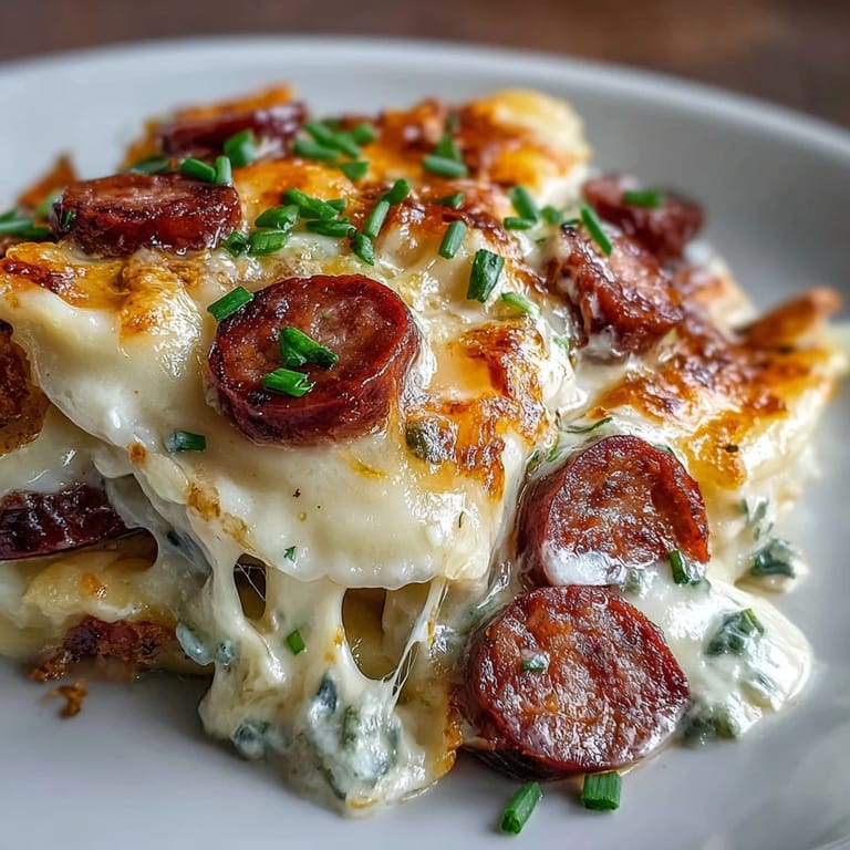 Savory Crockpot Pierogi Casserole With Kielbasa is served bubbly from the slow cooker, topped with fresh chives and a dollop of sour cream.