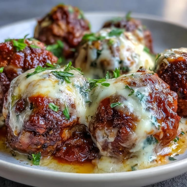 Baked garlic and mozzarella meatballs resting in a skillet of chunky tomato marinara, ready to serve with a sprinkle of Parmesan and crusty bread.