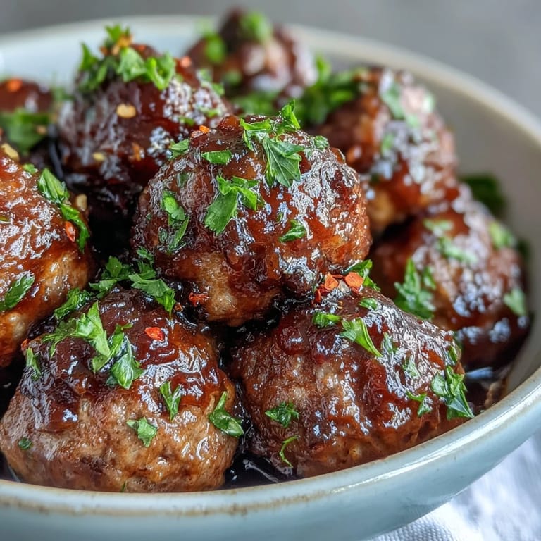 A white bowl is filled with sticky Easy Sweet and Sour Crock Pot Meatballs garnished with sesame seeds. The rich glaze clings to each bite-sized piece, creating a delicious main dish for dinner.