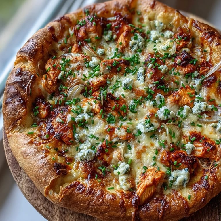Buffalo Chicken Pizza fresh from the oven, featuring bubbly cheese, a golden edge, and served with celery sticks for dipping.