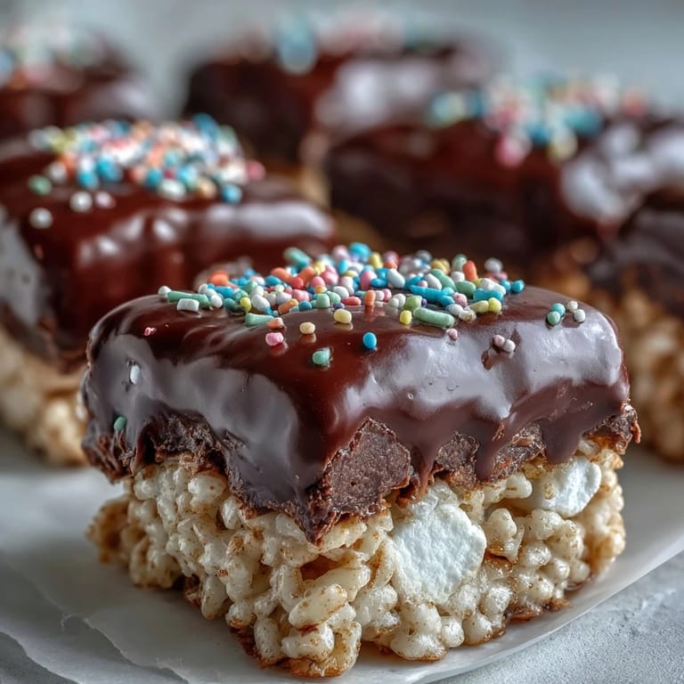 Glossy Chocolate Covered Rice Krispy Treats bar with rainbow sprinkles, ready to serve at a party or snack time.