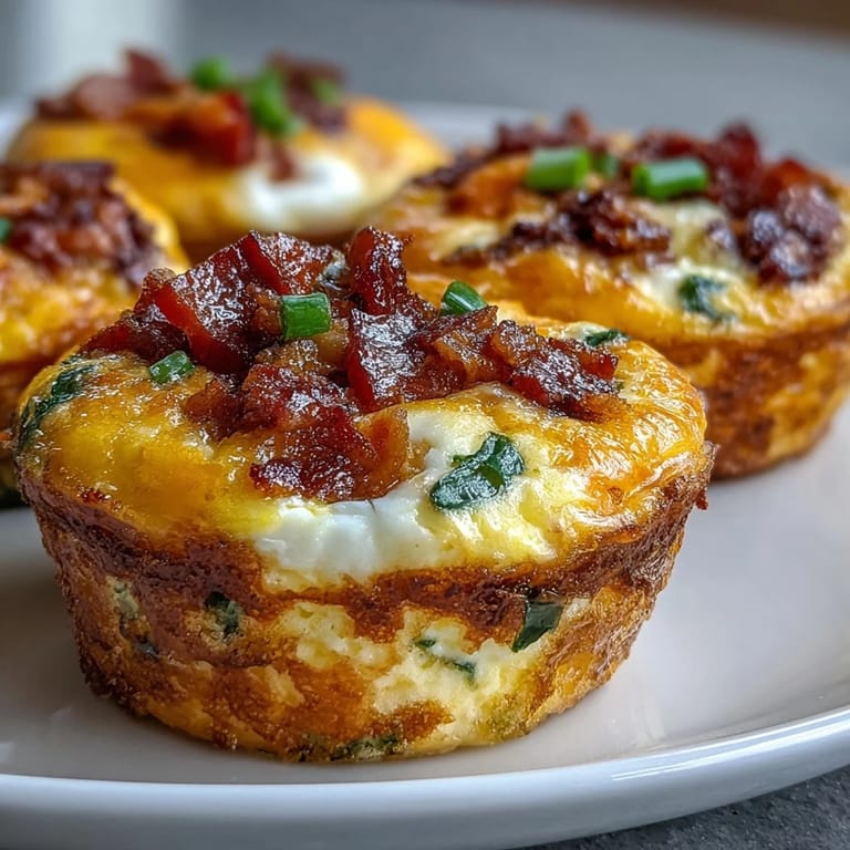 Savory Breakfast Egg Muffins baking in a muffin tin, with fluffy texture and loaded with cheese, onions, and crumbled bacon.