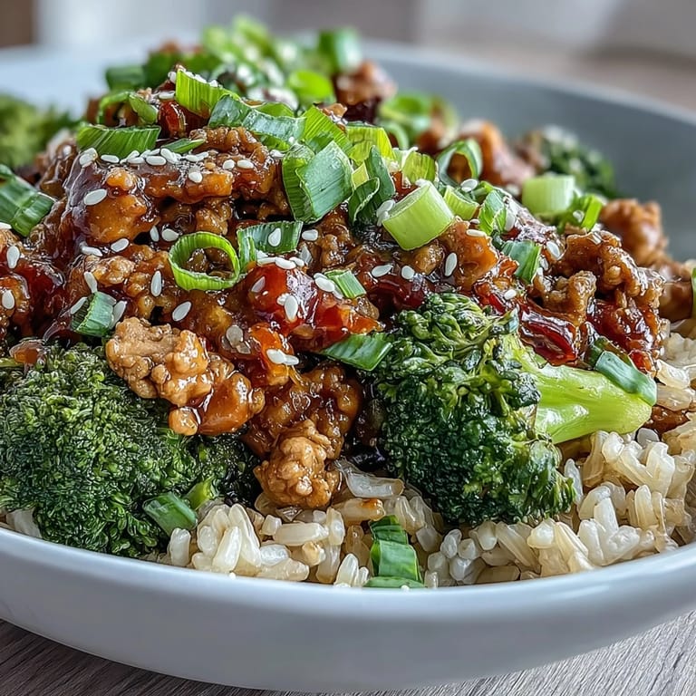 Overhead view of Sweet and Spicy Turkey Broccoli Bowls arranged in a white ceramic bowl, perfect for weeknight dinners, meal prep, or a dairy-free dinner idea.