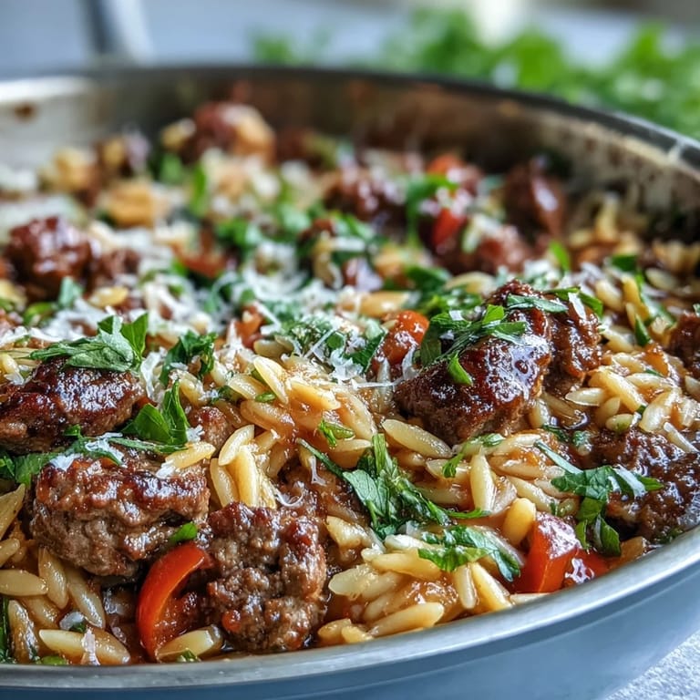 One-pan Comforting Ground Beef Orzo Dinner featuring tender orzo, peas, and savory beef in a rich tomato sauce.