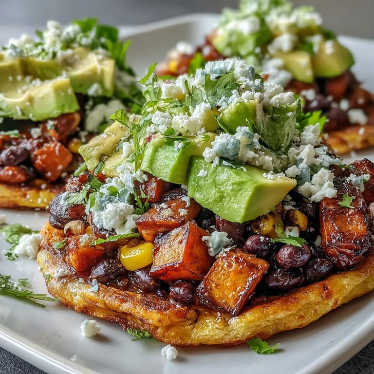 Close-up of Black Bean and Sweet Potato Tostadas loaded with charred sweet potatoes, lime-spiked corn and beans, creamy avocado, and fresh cilantro.