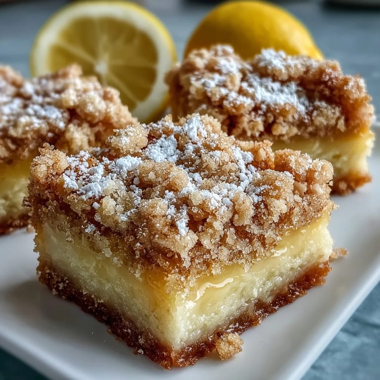 Homemade Lemon Crumb Bars with golden crumb topping sit on a wooden cutting board, ready to be enjoyed with a hot cup of coffee.