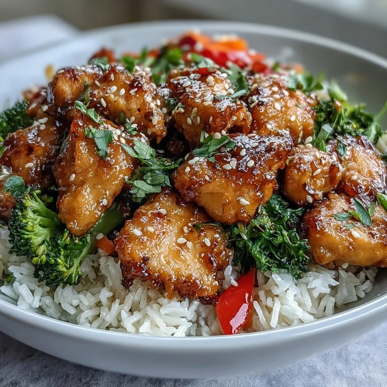 A close-up of a honey garlic chicken bowl, featuring golden glazed chicken, steamed vegetables, and fluffy rice garnished with green onions and sesame seeds.