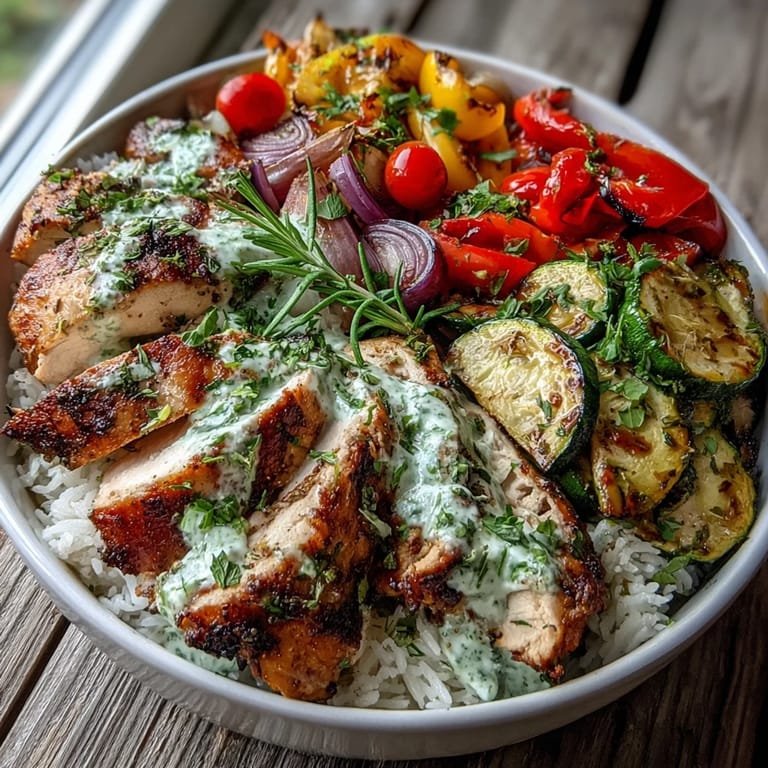 Colorful roasted vegetables and tender herb chicken over rice, finished with a bright lemon dressing in a vibrant serving bowl.