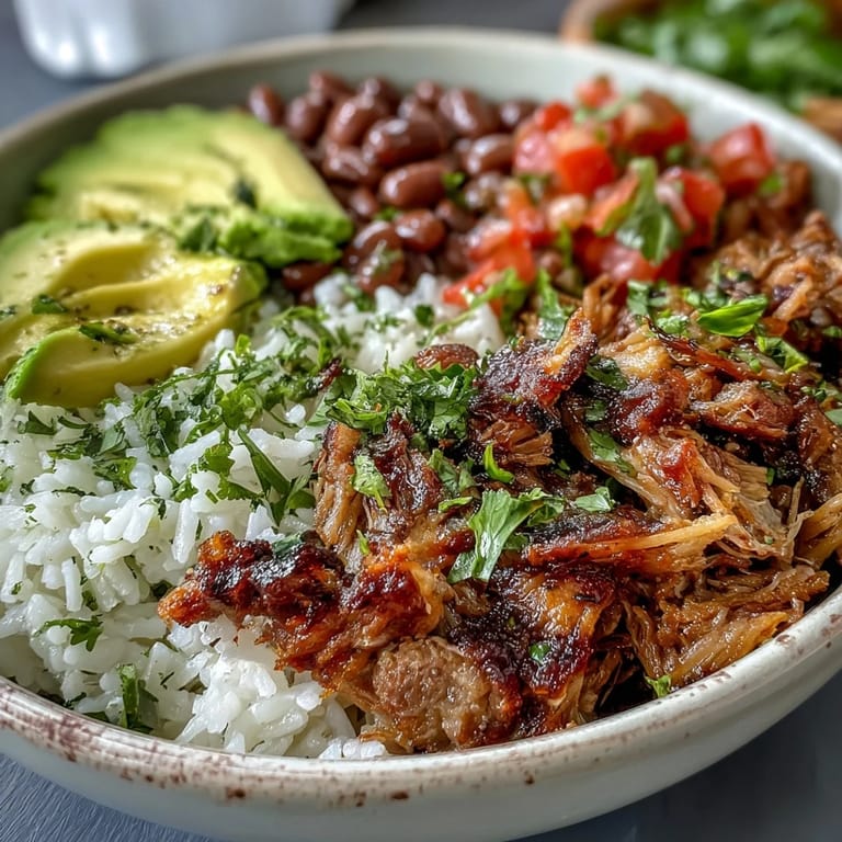 Savory Carnitas Bowl with lime wedges, pinto beans, and vibrant salsa, ready to serve.