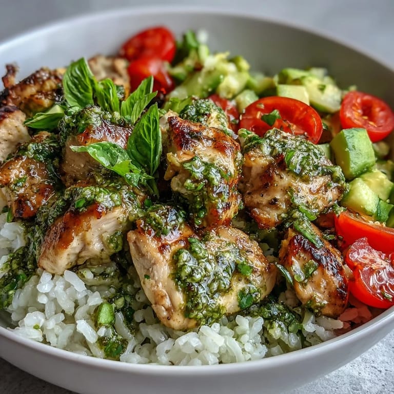 Bright, herbaceous pesto chicken bowl topped with crisp cucumber, red onion, and baby spinach leaves.