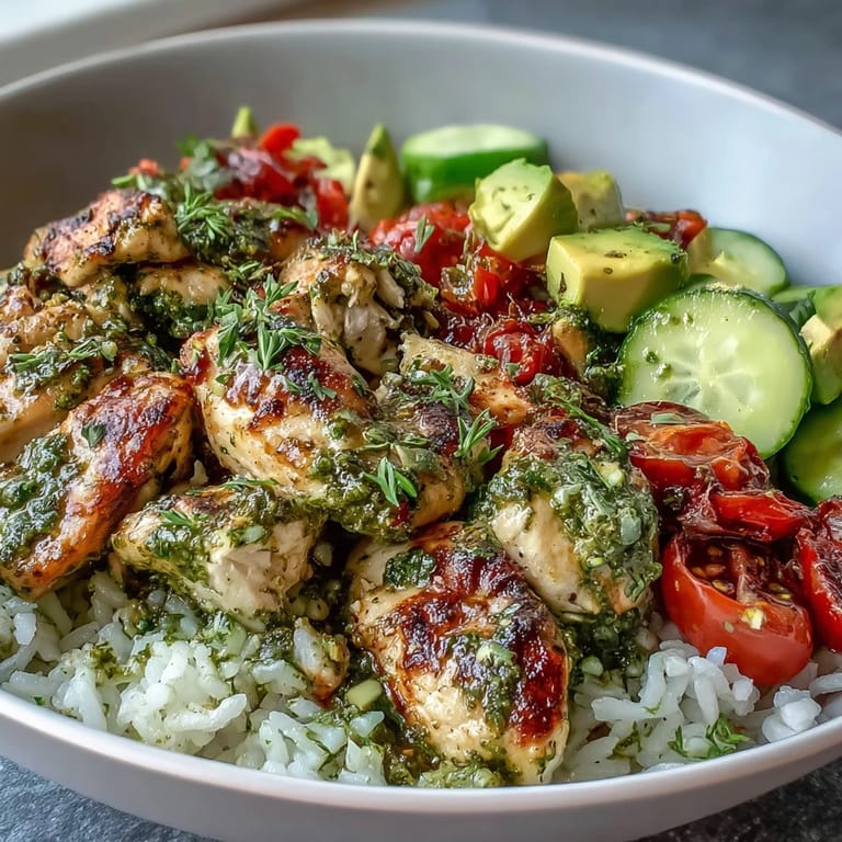 A nourishing Pesto Chicken Bowl featuring juicy chicken and fresh vegetables, garnished with pine nuts.