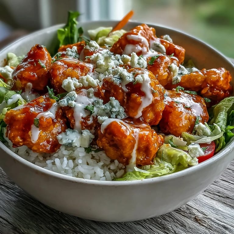 Hearty Buffalo Chicken Bowl serving tender spicy chicken over colorful vegetables and rice, finished with blue cheese and fresh parsley.