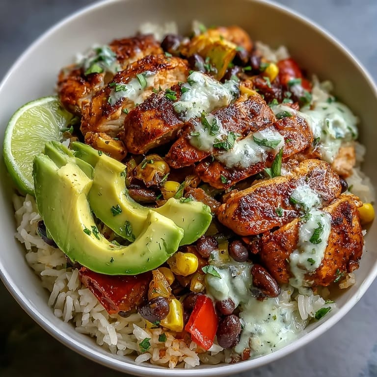 A delicious Cajun Chicken Bowl topped with fresh avocado slices and cilantro, surrounded by black beans, corn, and vibrant peppers on a bed of rice.