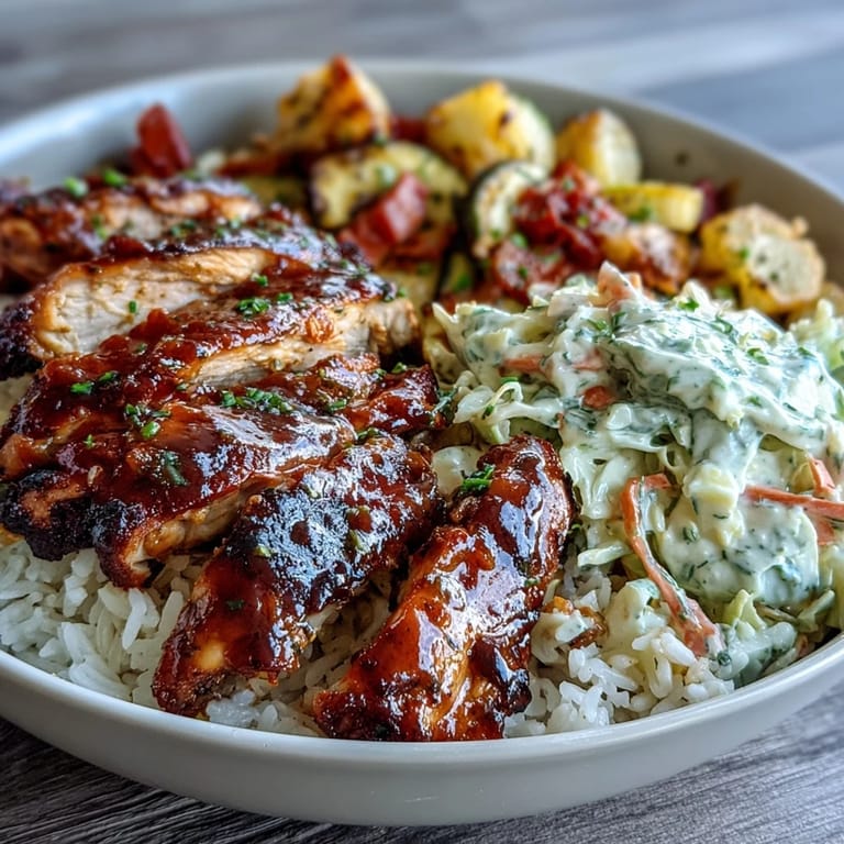 A hearty BBQ Chicken Bowl features juicy glazed chicken, fluffy rice, crunchy slaw, and colorful roasted veggies.  