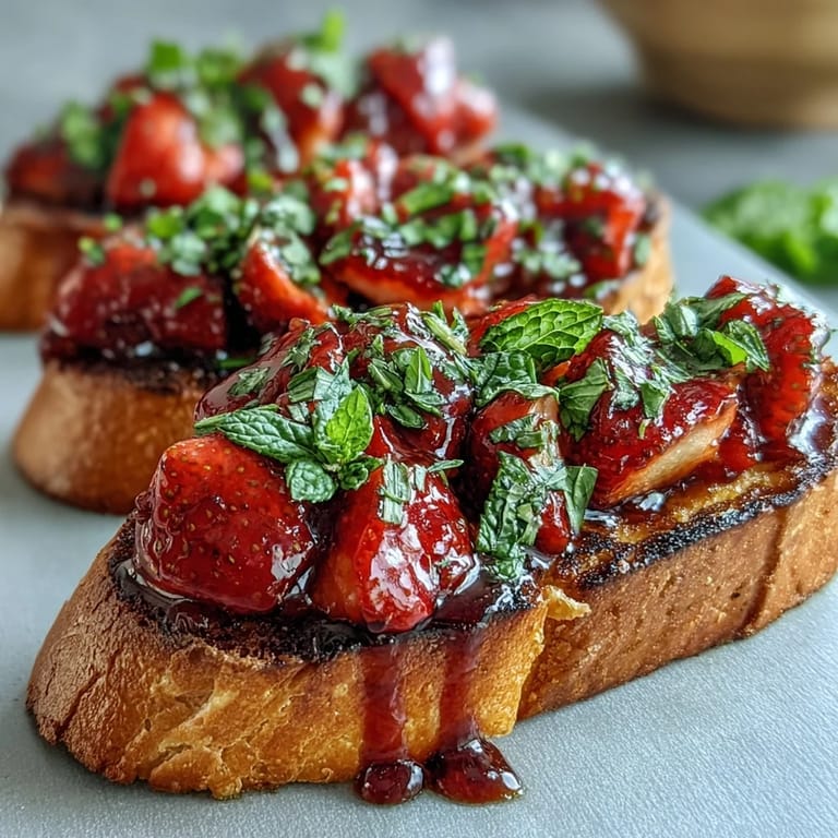 Juicy strawberries, fragrant mint, and tangy balsamic glaze layered over crisp garlic-rubbed baguette for a refreshing, easy appetizer.