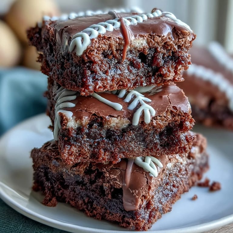 Rich chocolate brownie bites decorated with sweet white icing laces, resembling baseballs for a fun dessert.
